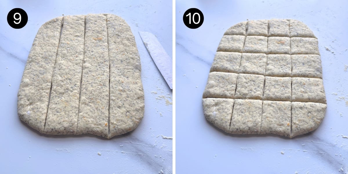 Dough cut into strips to form 20 buns
