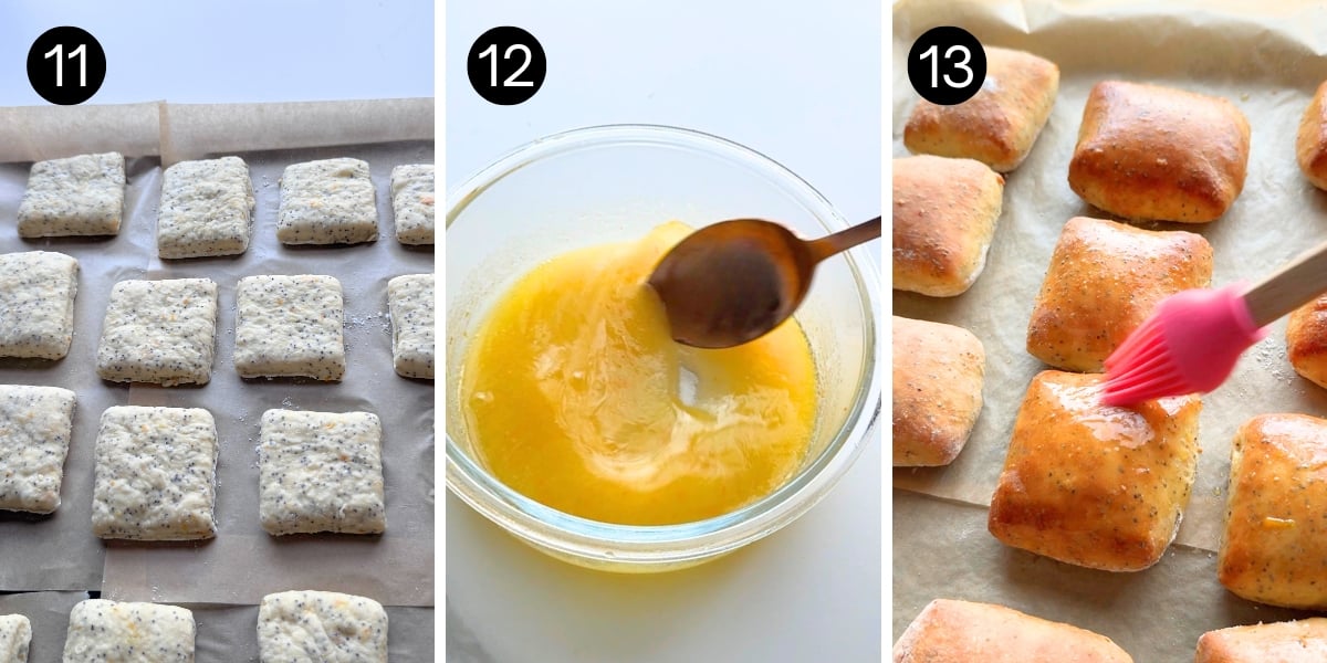 Buns on tray, mixing orange butter to brush on warm baked buns