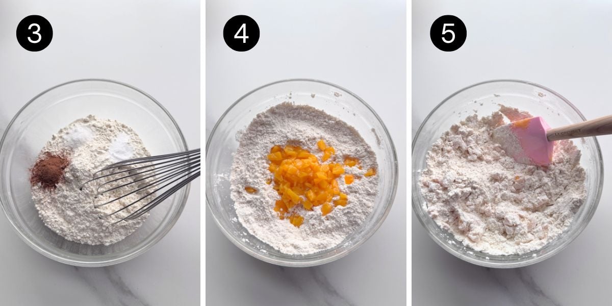 Dry ingredients whisked together before adding chopped peaches for soft peach cookie dough.