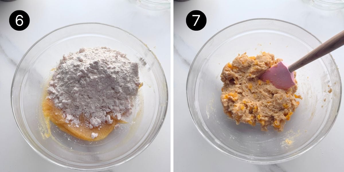 Flour mixture folded into the butter mixture to make soft peach cookie dough.