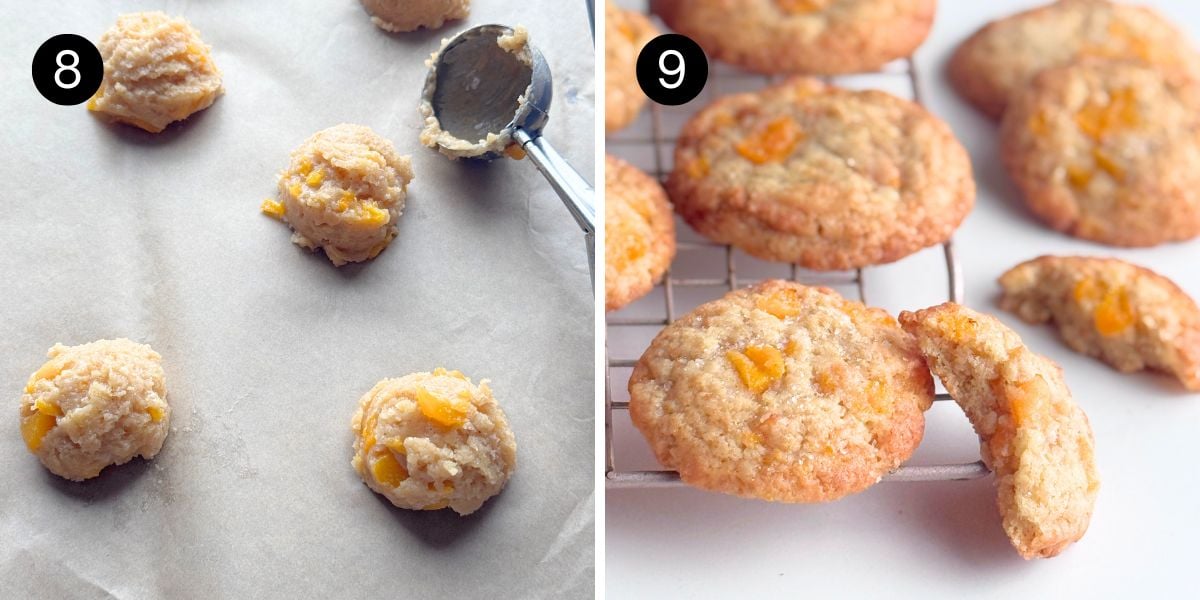 Peach cookie dough scooped onto a baking sheet and baked soft peach cookies cooling on a wire rack.