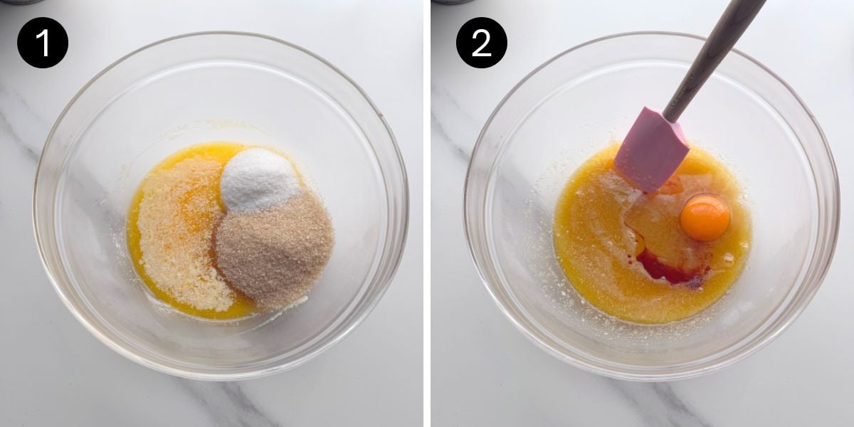 Melted butter mixed with sugar, vanilla, and egg for soft peach cookie dough.