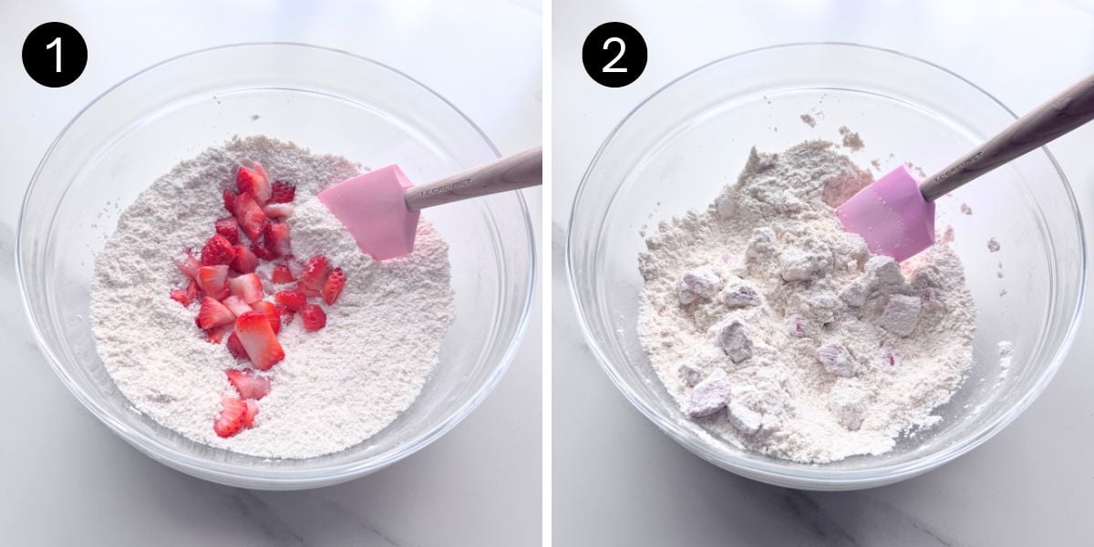 Adding diced strawberries to the dry ingredients, then coating the strawberries with the flour mixture before making strawberry muffins.