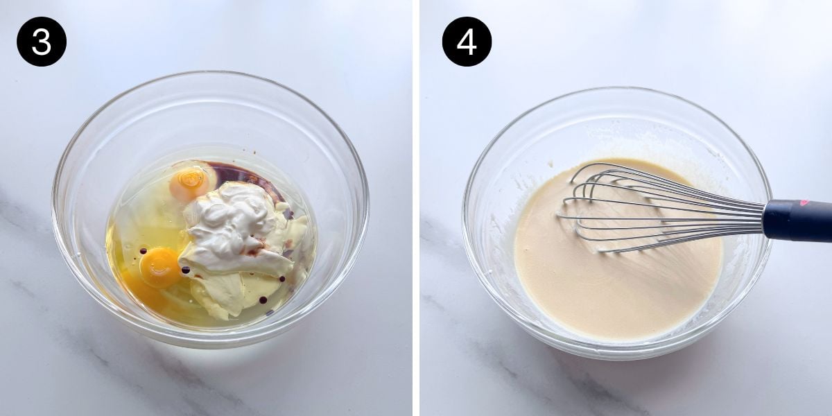 Whisking the eggs, oil, sour cream, and vanilla together until smooth for strawberry muffins.