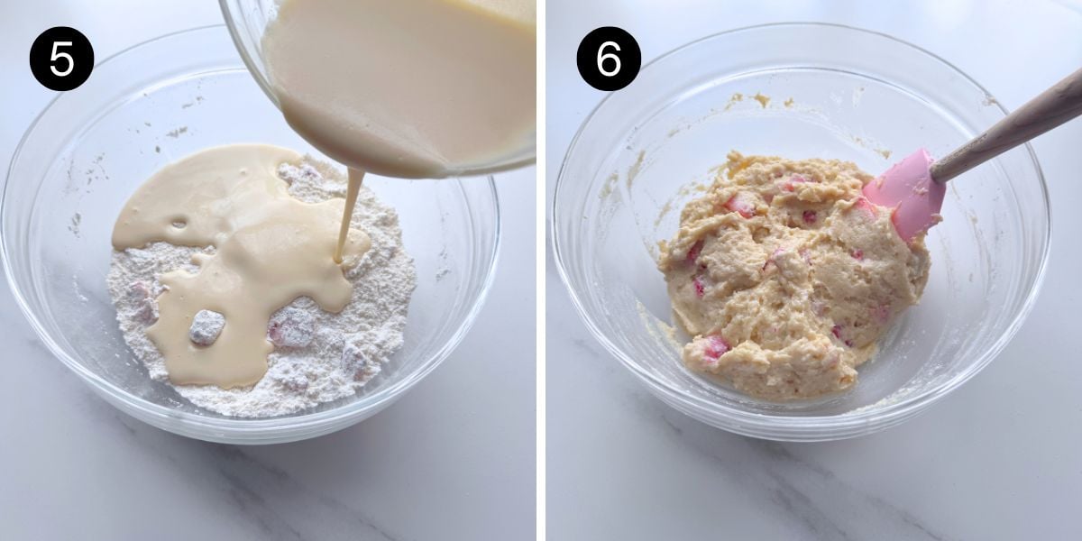 Pouring the wet ingredients into the dry ingredients, then stirring just until combined to make strawberry muffin batter.
