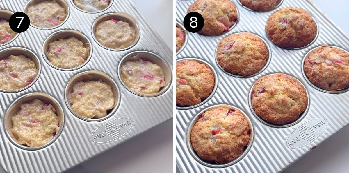 Filling the muffin cups with batter, then baking until the strawberry muffins are golden with rounded tops.