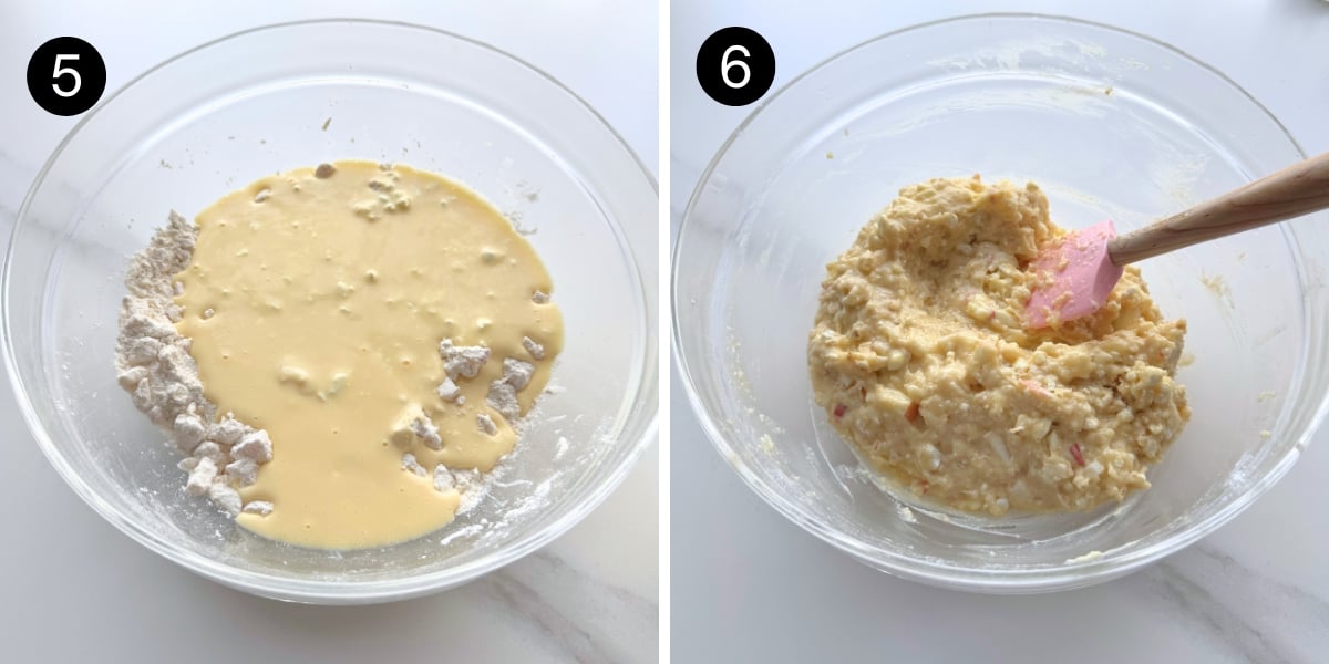 Apple Oat Cottage Cheese Muffins steps 5 and 6 combining flour and cottage cheese mixture
