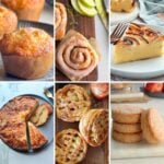 Collage of easy apple recipes including muffins, cinnamon rolls, cookies, cake, pies, and custard pie.