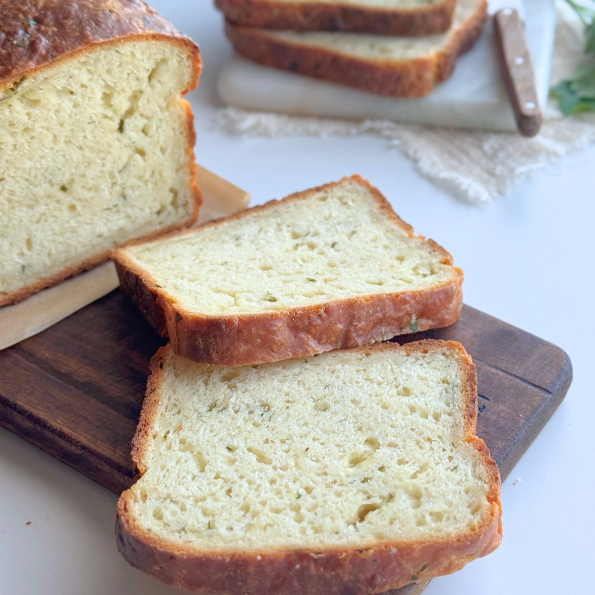 Greek Yogurt Garlic Butter Bread (No Yeast, No Eggs) sliced on board